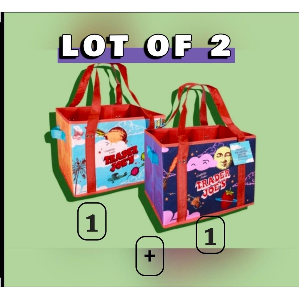 LOT OF 2 TRADER JOE'S STAND UP REUSABLE BAGS COLLAPSIBLE LMTD ED for 2! FreeGift